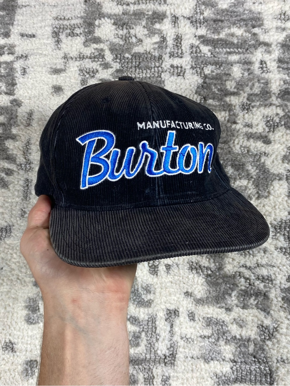 Vintage 90s Burton Snowboard Corduroy Embroidered Snapback Cap